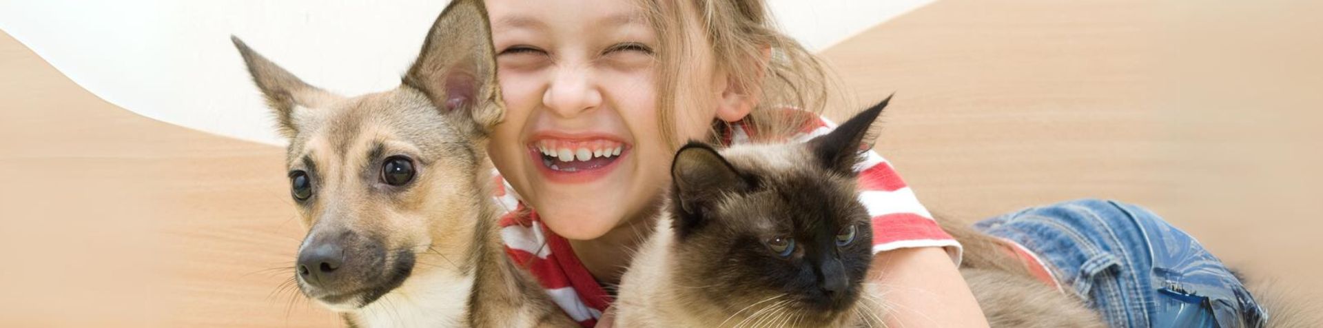 petite fille avec chien et chat dans ses bras
