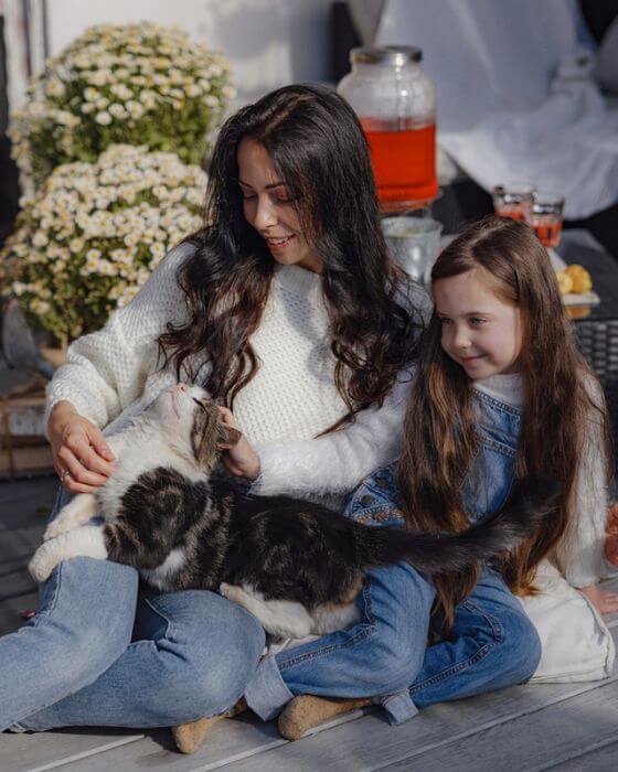 chat caressé par une petite fille et sa mère