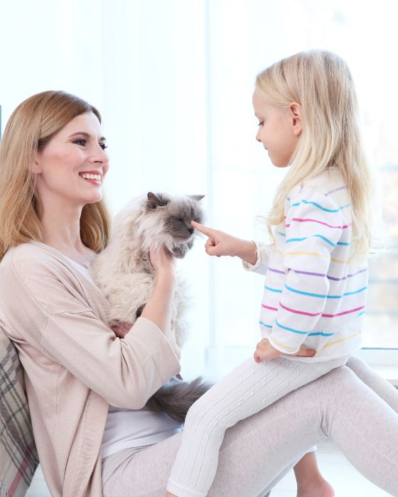 chat dans les bras d'une mère avec petite fille sur ses genoux