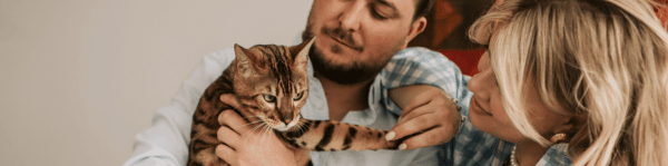 chat dans les bras d'un homme et femme touchant sa patte